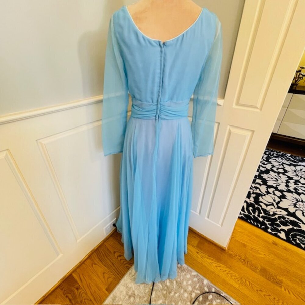 Vintage 70's Grecian Ethereal Chiffon Evening Gown Rhinestone Waist Ice Blue S - Picture 7 of 16